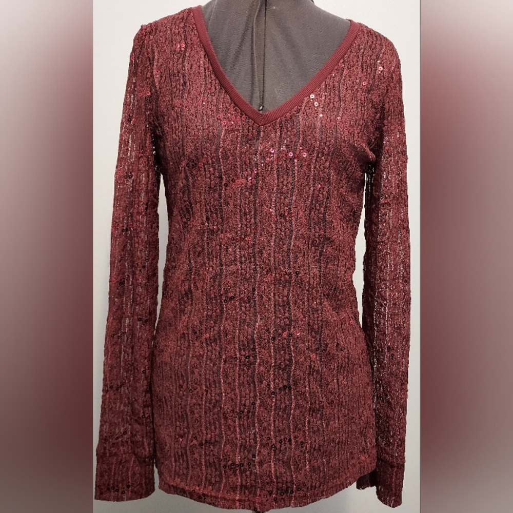 NWT Buckle BKE Eased Oxblood Red Sequin Sheer Top V-Neck Large Long Sleeve